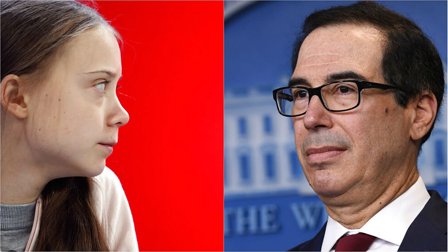 Greta Thunberg (left) and US finance chief Steven Mnuchin (right)