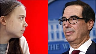Greta Thunberg (left) and US finance chief Steven Mnuchin (right)