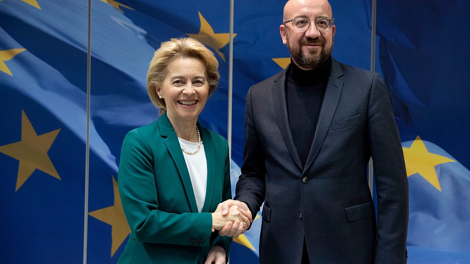 European Commission President Ursula von der Leyen and European Council President Charles Michel in Brussels, Jan. 17, 2020. (AP Photo/Virginia Mayo)
