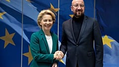 European Commission President Ursula von der Leyen and European Council President Charles Michel in Brussels, Jan. 17, 2020. (AP Photo/Virginia Mayo)