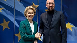European Commission President Ursula von der Leyen and European Council President Charles Michel in Brussels, Jan. 17, 2020. (AP Photo/Virginia Mayo)