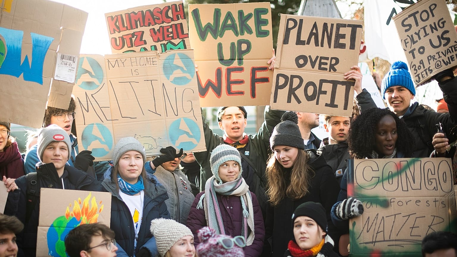 Youth climate strikers at Davos with Greta Thunberg (centre).