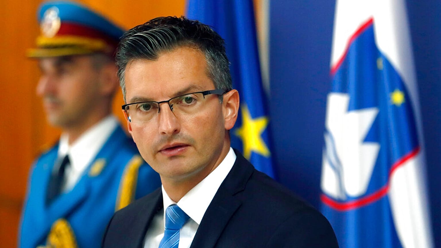Slovenian Prime Minister Marjan Sarec speaks during a press conference (AP Photo/Darko Vojinovic)