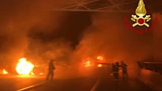Photo taken on January 29, 2020 by the Italian Department of firefighters, the Vigili del Fuoco, after criminals attempted to ambush an armoured truck between Milan and Lodi