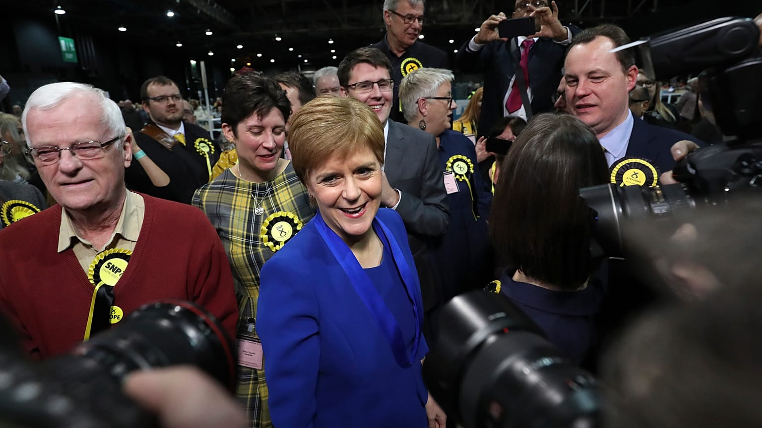 Scottish First Minister Nicola Sturgeon arriving at the SEC Centre in Glasgow for the declaration in her constituency in the 2019 general election, Friday Dec. 13