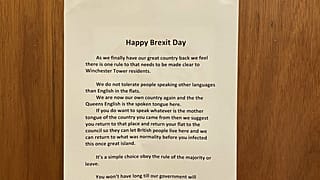 A "Happy Brexit Day" notice posted in a block of flats in Norwich, UK, has been reported to police.