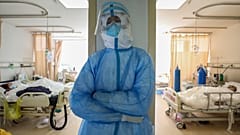 A medical staff member resting at the isolation ward of the Wuhan Red Cross Hospital in Wuhan in China's central Hubei province.