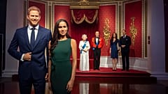 The figures of Prince Harry and Meghan are moved from their original positions next to Queen Elizabeth II, Prince Philip, Prince William and Kate, at Madame Tussauds in London