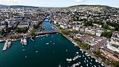 Aerial view of the annual technoparade "Street Parade" in the city center of Zurich, Switzerland, on Saturday, August 10, 2019. (KEYSTONE/Alexandra Wey)