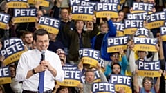 Democratic presidential candidate Pete Buttigieg smiles as his supporters cheer during a campaign rally, Sunday, Feb. 9, 2020, in Nashua, N.H. 