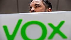 Imagen de archivo. Santiago Abascal, líder de Vox, tras el logotipo del partido