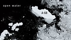 El gigantesco A-68 en mar abierto, visto por el satélite Sentinel 3 de Copernicus el 9 de febrero 