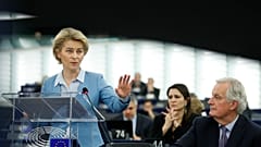 European Commission President Ursula von der Leyen delivers her speech at the European Parliament in Strasbourg, France, Tuesday, Feb.11, 2020. (AP Photo/Jean-Francois Badias)