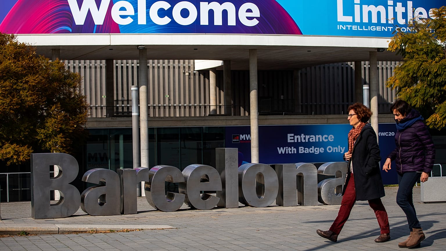 Le bâtiment dans lequel devait se tenir le salon mondiale du mobile (Mobile World Congress) à Barcelone, annulé en raison du coronavirus, le 11 février 2020