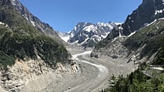 The view on Mer de Glace ("Sea of Ice"), a valley glacier on the northern slopes of the Mont Blanc massif, in the French Alps. 