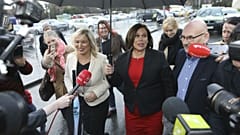 Sinn Fein leader Mary Lou McDonald, right, and deputy leader Michelle O'Neill arrive at the RDS count centre in Dublin, Ireland, Sunday, Feb. 9, 2020. 