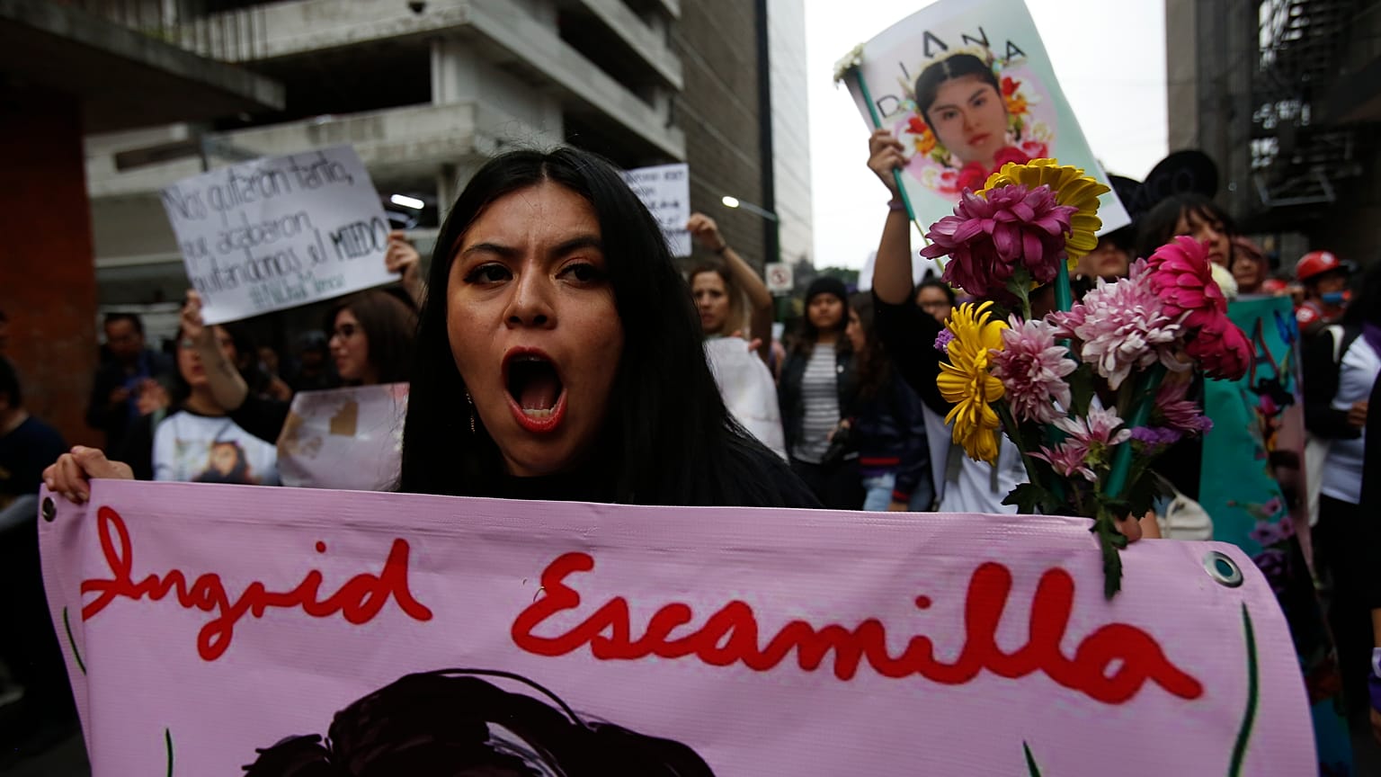 Une femme tient une bannière arborant une image d'Ingrid Escamilla, une jeune femme tuée par son compagnon. Mexico, manifestation contre les féminicides, 14 février 2020.