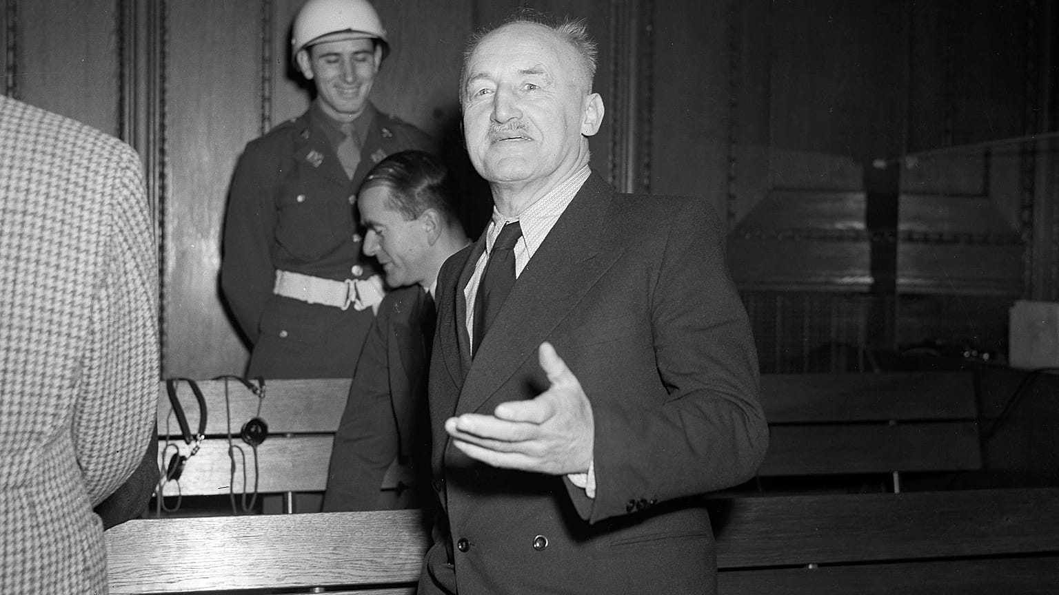 Nazi publisher and notorious anti-Semite Julius Streicher is shown in the courtroom during his trial in Nuremberg, Germany, Feb. 20, 1946.