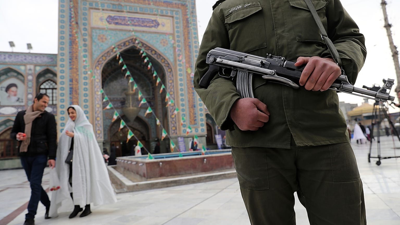 A soldier guards at a polling station during the parliamentary elections in Tehran, Iran, Friday, Feb. 21, 2020. 
