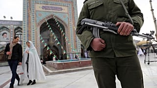 A soldier guards at a polling station during the parliamentary elections in Tehran, Iran, Friday, Feb. 21, 2020. 