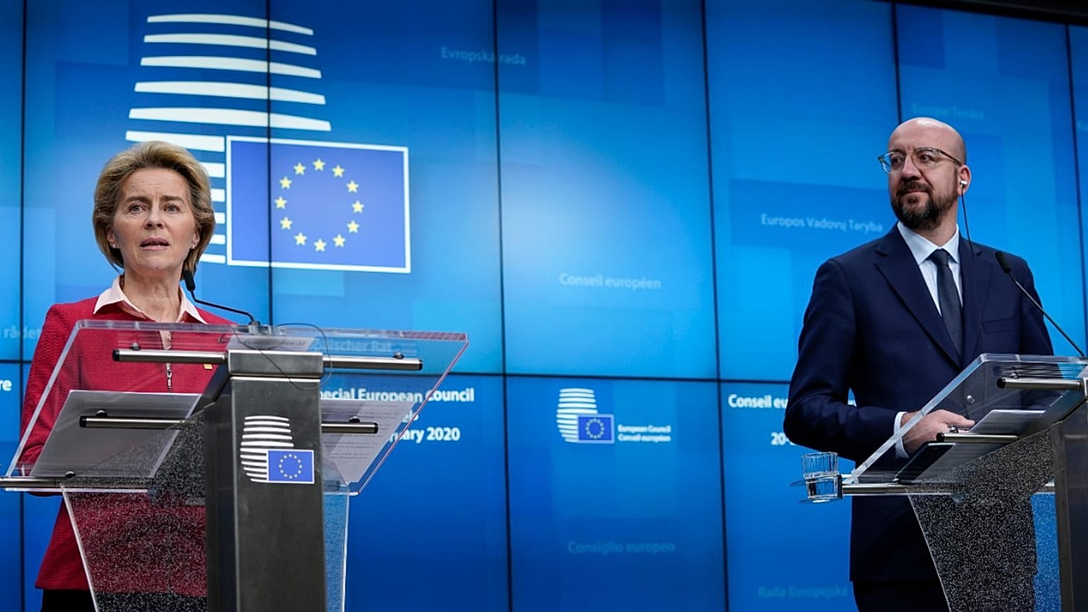 Ursula von der Leyen and Charles Michel during the second day of a special European Council summit in Brussels on February 21, 2020