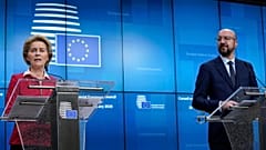 Ursula von der Leyen and Charles Michel during the second day of a special European Council summit in Brussels on February 21, 2020