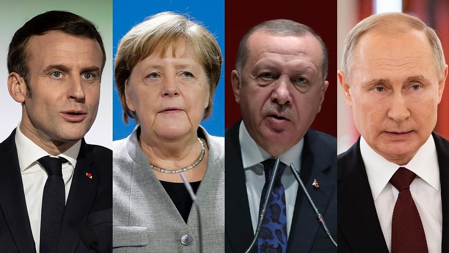 Sırayla: Fransa Cumhurbaşkanı Emmanuel Macron, Almanya Başbakanı Angela Merkel, Cumhurbaşkanı Recep Tayyip Erdoğan ve Rusya Devlet Başkanı Vladimir Putin 