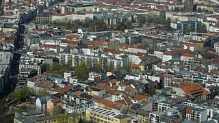 Apartment buildings in the district Mitte photographed from the television tower in Berlin, Germany.