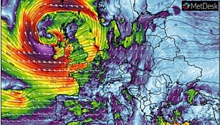 Previsión de viento e isobaras de presión el sábado a las 15:00 horas