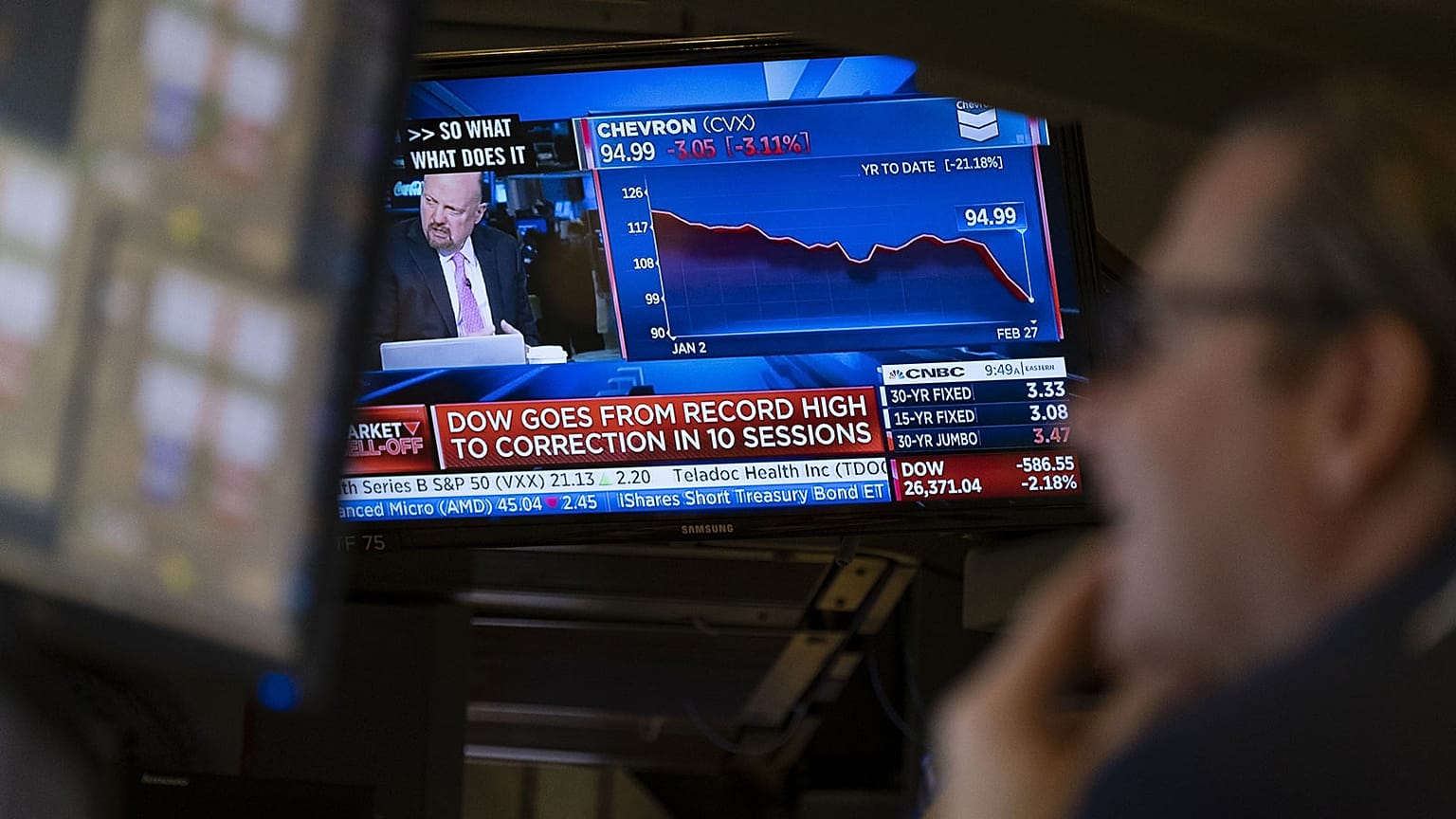 Caídas en los monitores del parqué de la Bolsa de Nueva York el jueves 27 de febrero de 2020.