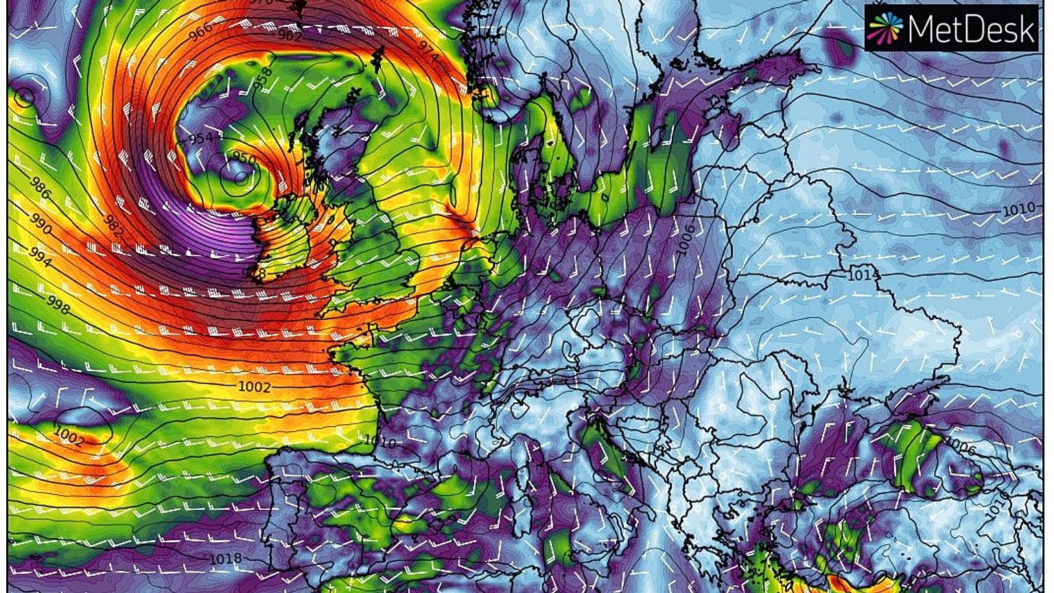 Wind and pressure isobars forecast for February 29, 2020..