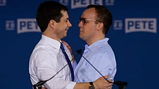 Pete Buttigieg is joined by husband Chasten Glezman after he announced that he will seek the Democratic presidential nomination during a rally in South Bend, April 14, 2019