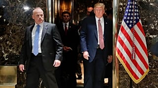 President Donald Trump steps out of the elevator to speak to the media in the lobby of Trump Tower in New York