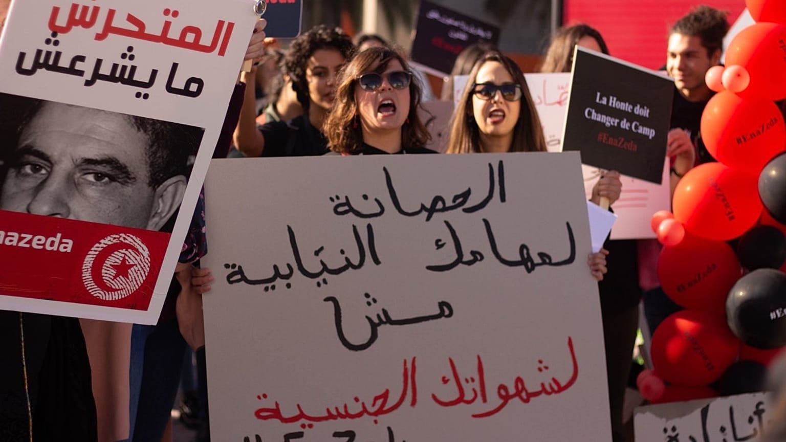 متظاهرة تونسية ترفع لافتة كتب عليها "الحصانة لمهامك النيابية مش لشهواتك الجنسية" 