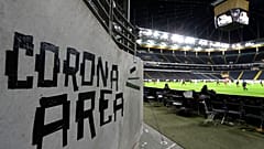 Eintracht fans have taped letters at a wall of the stadium during a Europa League round of 16, 1st leg soccer match between Eintracht Frankfurt and FC Basel.