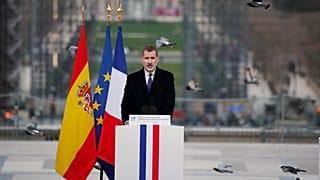 Spain's King Felipe VI delivers his speech during a ceremony to honor victims of terror attacks in Europe, on the 16th anniversary of Madrid attacks, at the Trocadero in Paris