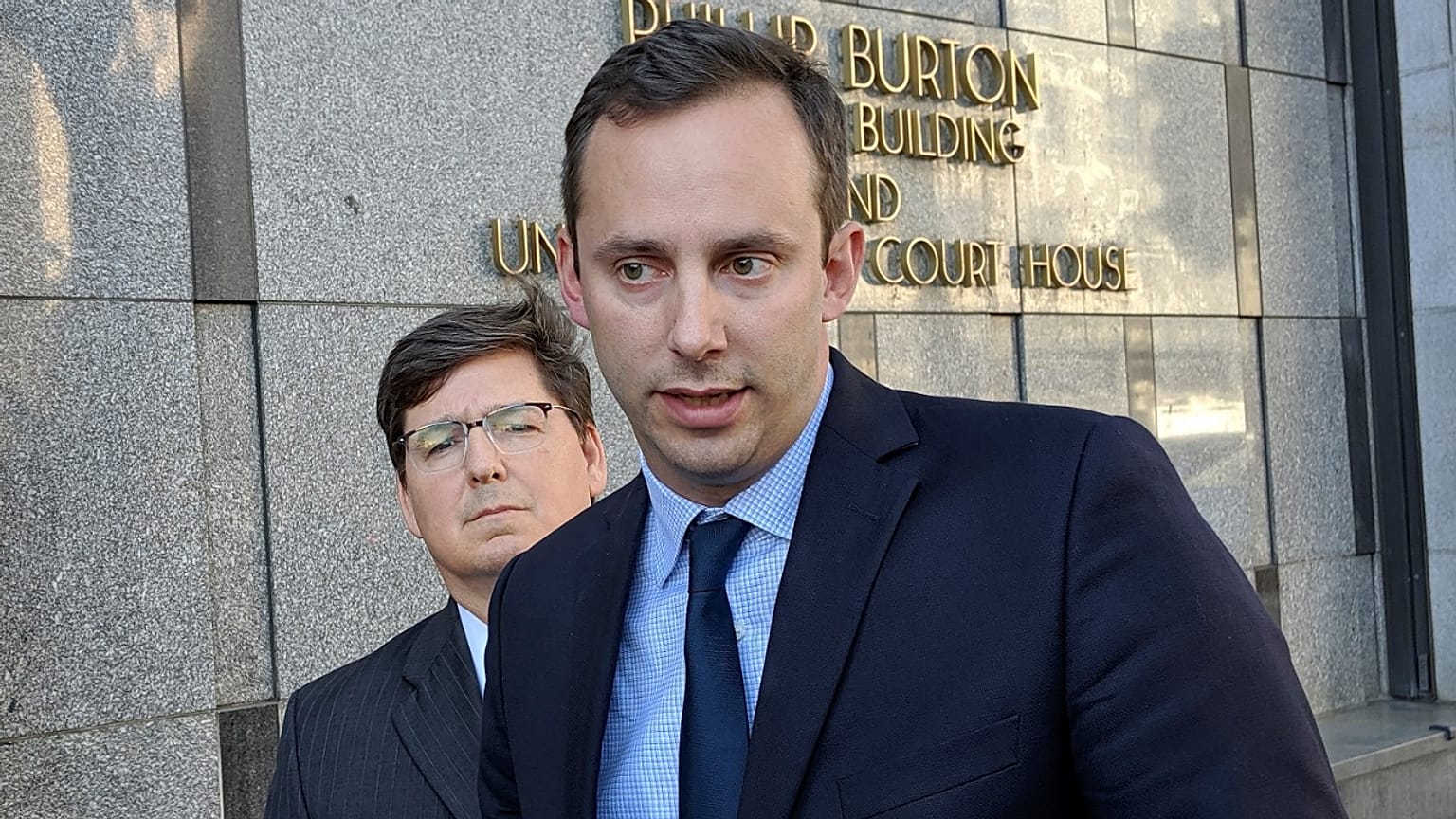 Former Google engineer Anthony Levandowski, right, in front of his attorney, Miles Ehrlich,  outside of a federal courthouse in San Francisco, USA, Sept. 24, 2019.