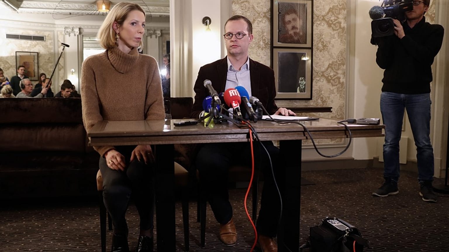 Benjamin Blanchard (R), director general SOS Chretiens d'Orient during a press conference in Paris on January 24, 2020 after four employees went missing in Iraq.