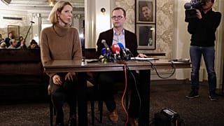 Benjamin Blanchard (R), director general SOS Chretiens d'Orient during a press conference in Paris on January 24, 2020 after four employees went missing in Iraq.