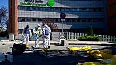 Members of the Military Emergencies Unit (UME) prepare to carry out a general disinfection at the Arturo Soria residence for the elderly in Madrid on March 28, 2020