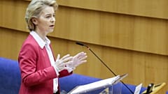 President of European Commission, Ursula Von der Leyen attends a mini plenary session of European Parliament in Brussels, Belgium,  on March 26, 2020.