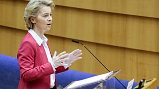 President of European Commission, Ursula Von der Leyen attends a mini plenary session of European Parliament in Brussels, Belgium, on March 26, 2020.