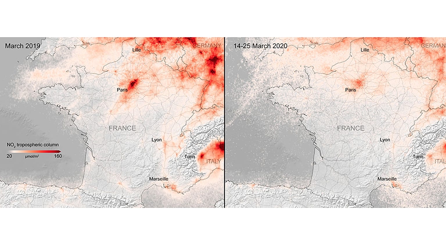 Comparaison de la concentration en NO2 en France entre mars 2019 et la  période 14 au 25 mars 2020.