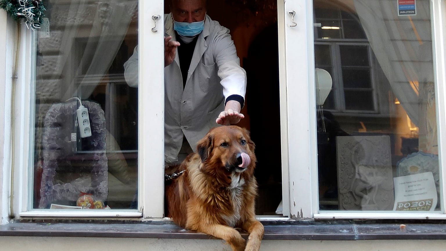 A man pets a dog that sits in a window downtown Prague, Czech Republic, Tuesday, March 24, 2020