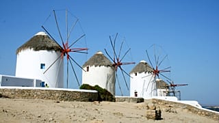 The island of Mykonos in the Cyclades, a Greek island chain in the Aegean Sea. 