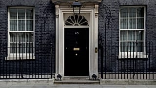 The closed door of 10 Downing Street as British Prime Minister Boris Johnson was moved to intensive care after his coronavirus symptoms worsened in London, April 7, 2020.