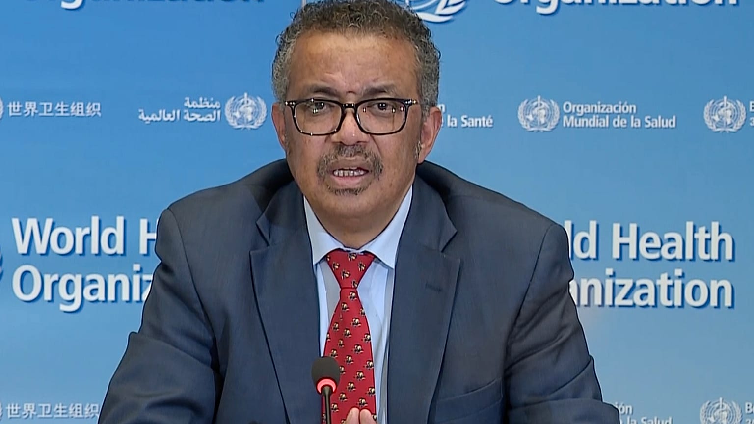 WHO Chief Tedros Adhanom Ghebreyesus attending a virtual news briefing on COVID-19 from the WHO headquarters in Geneva on April 6, 2020