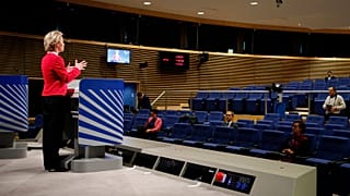 European Commission President Ursula von der Leyen speaks during a media conference, detailing EU efforts to limit the economic impact of the Covid-19 outbreak