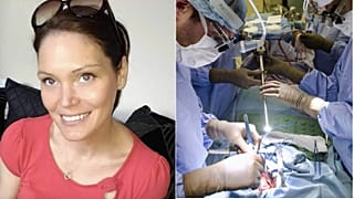 Vicki Meredrew (left) with surgery file picture (right)