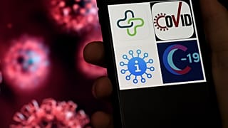 This illustration shows Coronavirus tracking applications logos, Healthlynked Covid-19, Covid Symptom Tracker, Apple Covid-19, Covid-19 tracker